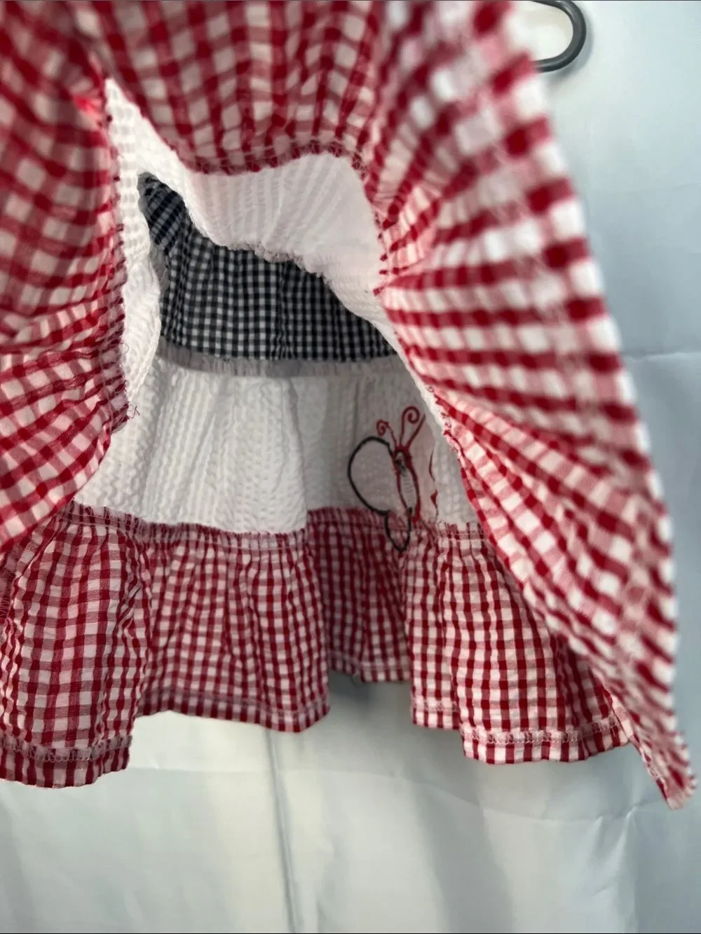 Rare Editions red white blue tiered Searsucker Patriotic dress butterfly accent